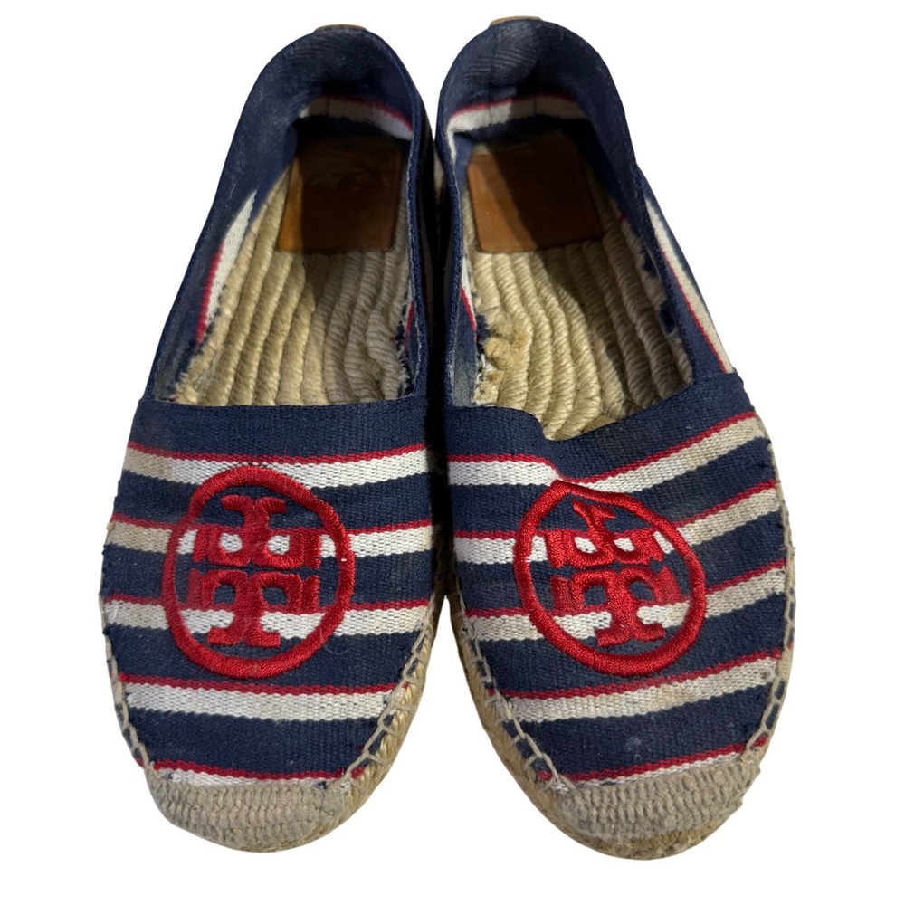 Vintage Tory Burch Canvas Espadrilles 7 Navy Red Stripe Logo